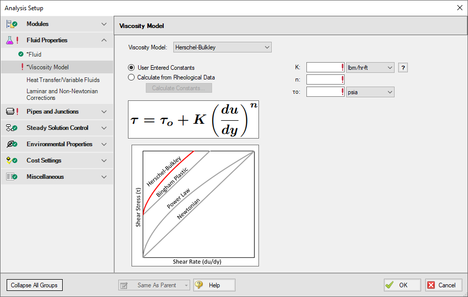 The Viscosity Model panel in Analysis Setup. The Herschel-Buckley option is selected for the Viscosity Model.